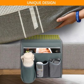WOMACO Bedside Remote Control Holder, Bed Caddy with Water Bottle Holder Bed Side Organizer for Phones, Magazines, Tablets, Accessories - Medium, Gray