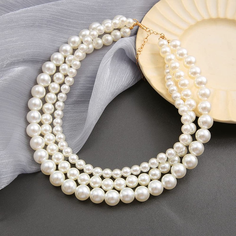 3 Strand Pearl Necklaces for Women Faux Pearl Choker Necklace