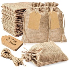 50PCS Bolsas de Arpillera con Cordón, 13 x 18CM Bolsas de Joyería de Lino, Bolsas de Arpillera para Dulces, Bolsas de Yute para Regalos, Cumpleaños, Fiestas, Regalos de Boda
