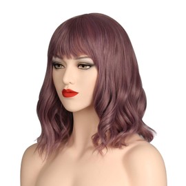 OKVGO Short Curly Bob Wig with Wig Cap for Women Cosplay Party and Daily Use Dark Purple