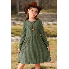 HOSIKA Little Girls Fall Dress Long Sleeve Crew Neck Casual Winter Ribbed Knit Dresses with Pockets for 10-11 Y Army Green