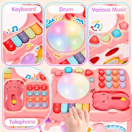 AmiDear Baby Gift for 1-2 Year Old Girl, 10-in-1 Montessori Toys Bus for Baby 6-12-18 Months+, Educational Musical Sensory Learning Toddler Toys Age 1-2, First Christmas and Birthday Gifts Pink