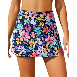 Aqua Eve Women Swim Skirt Tummy Control Swimsuit Skirt with Built-in Shorts High Waisted Split Swim Bottom Colorful Floral M