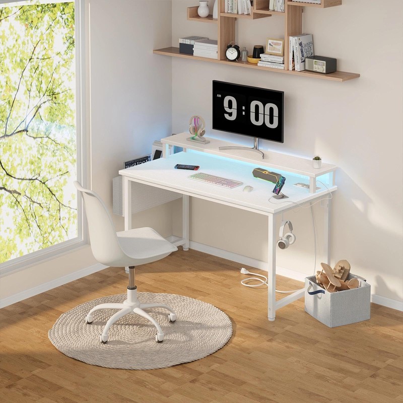 Lufeiya Small White Desk with LED Lights and Power Outlets,