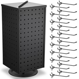 Wesiti Pegboard Metal Rotating Display Stand with 20 Hooks 4 Sided Spinning Peg Board Displays Jewelry Earring Stands Craft Keychain Rack Necklace Holder for Retail Table Counter(17",Black)