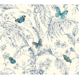 York Wallcoverings Ashford Toiles Papillon Removable Wallpaper, Blue/White