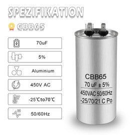 Iruihoo 70uF CBB65 Motor Capacitor 450V AC 50/60Hz, 70µF Start and Operating Capacitor with Self-Healing, Metal Housing for Air Conditioning, Refrigerator, Compressor