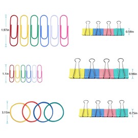 Binder Clips, Paper Clips, Rubber Bands, Paper Clips - Muticolor Office Clips Set - 3 Sizes Binder Clips, 2 Sizes Paper Clips, 4 Colours Rubber Bands for Office, School Supplies (Pack of 240)