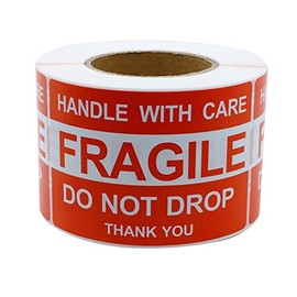 RBHK 4" x 6" Fragile Stickers Handle with Care Warning Packing/Shipping Labels, 500 Permanent Adhesive Labels Per Roll, 1 Roll