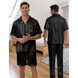 Silk Pajamas for Men 3 Piece Mens Summer Satin Pajamas Set Short Sleeve Men's Sleepwear with Pants Eye Mask (Black Striped, Medium)