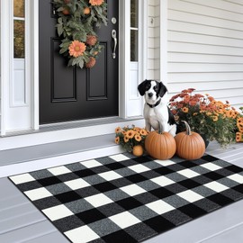 FONEYI Buffalo Plaid Rug 27.5 x 43 Inches, Non Slip Black and White Check Rugs Indoor or Outdoor Rugs for Layered Door Mats, Washable Fall Front Door Mat for Front Porch, Kitchen, Farmhouse, Entryway