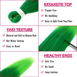 Dorsanee Ombre Green Braiding Hair Pre Stretched 24 Inch 3 Packs Green to Light Green Braiding Hair for Box Braids Twists Locs Soft Yaki Texture Hot Water Setting (#Green/Light Green)