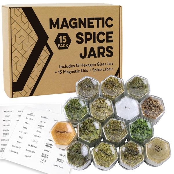 IMPRESA Hexagonal Glass Magnetic Spice Jars - 15 Pack - Spice Storage Containers with Stainless Steel Magnet Lids - Includes 60 Labels - Designed for Fridge and Backsplash Organization