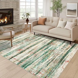 GarveeHome Washable Rug 5x7 Abstract Striped Area Rug Modern Home Decor Stain Resistant Indoor Carpet with Non-Slip Backing Low Pile Floor Cover for Living Room Playroom Bedroom,Green/Multi