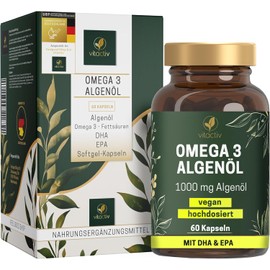VITACTIV Omega 3 Algae Oil Capsules - Pack of 60 - Marines Omega3 Vegan, High Dose with 1000 mg Microalgae Oil per Daily Dose - 450 mg Omega-3 Fatty Acids DHA & EPA (2:1) - Heart, Brain, Eyes 