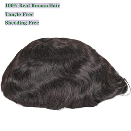 Vennsian Men’s Toupee 100% Human Hair French Lace Center PU Around Hair Replacement System for Men Natural Hairline 10x8Inches 6 Inch Hair Medium Density 1B Black Color