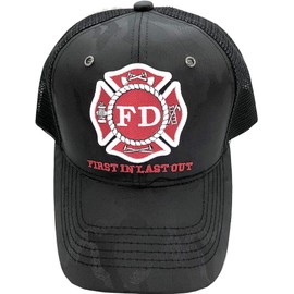 Fire Department - First in Last Out Fireman Officer Gear Uniform Baseball Cap Hat Adjustable, Black Camo With Mesh Back, One Size