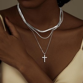 Layered Gold Silver Necklaces for Women Jewelry Set Stackable Herringbone Choker Twisted Rope Chain Cross Pendant Necklace Trendy Waterproof Non Tarnish Christmas Christian Religious Faith Gifts