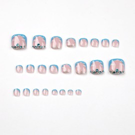 24Pcs Blue French Press on Toenails Short Square, ZIFANHU Summer Fake Toe Nails Press ons Acrylic Nail Art Tip Kit with Rhinestones Design Full Cover White Cloud False Toenails Glue on Nails for Women