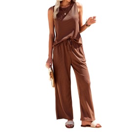 Ekouaer Womens Pajamas 2 Piece Lounge Set Waffle Knit Loungewear Sleeveless Tank Top with Long Pants Outfits,Brown