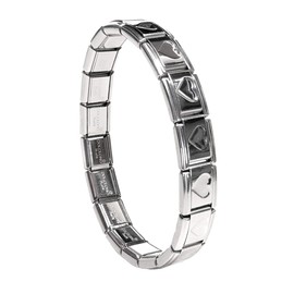 Dolceoro SB-004, Recessed Heart Italian Modular Starter Charm Bracelet, 9mm Wide Stainless Steel, 18 Links for Wrist 6-6 3/8"