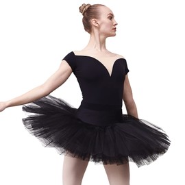 DANCEYOU Practice Tutu 7-Layered Swan Costume Girls Women Professional Ballet Platter Tutu Pancake Skirt with Brief, Black S
