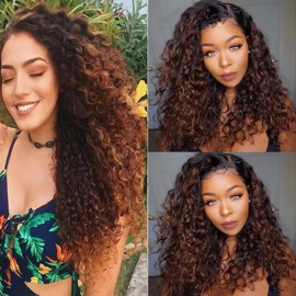 LOIUMGUU T4/30 Ombre Bundles Brown Kinky Curly Human Hair Bundles 8 10 12 Inch Dark Brown to Light Brown Double Weft No Tangle