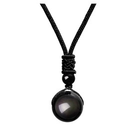 Jovivi 16mm Natural Black Obsidian Rainbow Eyes Stone Lucky Blessing Chakra Beads Pendant Necklace with Adjustable Braided Rope Cord For Men Jewellery
