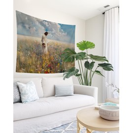 bitCNY Jesus Walking in Wildflower Field Tapestry – Christian Wall Art, Spiritual Home Decor, 50x60 Inch Fabric Hanging for Living Room Bedroom