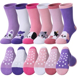 Dosoni Toddler Non Slip Grip Socks Baby Girls Boys Kids Anti Slip Crew Thick Warm Cotton Gift Socks 6 Pairs Purple Pink Animal,4-6 Year Old