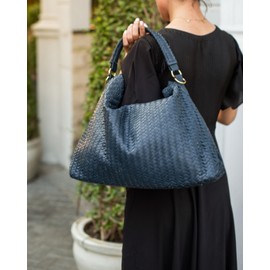 Jild Hobo Style Woven Bag for Women - Soft Handmade Top Handle Premium Quality Leather Tote Bag - Cross Body Travel Handbag (BgHook-Blue)