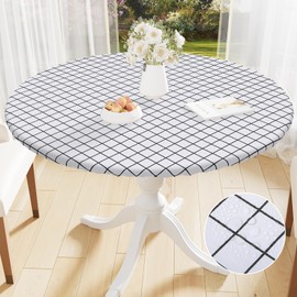Spotjoy Round Table Cloth Cover, Elastic Fitted Flannel Backed Plastic Table Covers for 45" - 56" Tables, Waterproof Vinyl Tablecloths for Picnic, Camping, Indoor and Outdoor, White