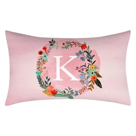 Fullfun Alphabet Letter Cushion Covers, Pink Double Sided Flower and Letter Printed Throw Pillow Covers Soft Polyester Decorative Pillow Cases for Sofa Couch Bedroom Home Decor (1PC, 30cm x 50cm)
