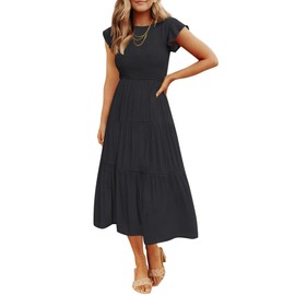 ZESICA Women's 2024 Summer Casual Flutter Short Sleeve Crew Neck Smocked Elastic Waist Tiered Midi Dress,AllBlack,Medium