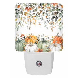 Fall Night Lights Auto Sensor Sage Green Pumpkin Plug-in LED Nightlights Dusk to Dawn for Living Room, Bedroom, Bathroom, Kitchen, Hallway, Stairways Thanksgiving Decor, Autumn Eucalyptus Leaves