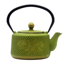 Cast Iron Teapot with Sunflower Pattern,SECHUDO Tea Kettle Coated with Enameled Interior for Loose Tea,Green Cast Iron Teapot with Stainless Steel Infuser for Stovetop Safe (28.7oz/850ml)