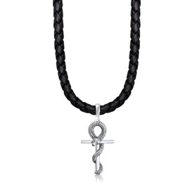 Kuzzoi Exclusive 0111642718 Men's Leather Necklace with Cross Snake Pendant Made of Solid 925 Sterling Silver Braided Cowhide Leather Black Length 50 cm - 55 cm Width 5.5 mm, Leather