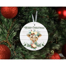 Twisted R Design Merry Christmas Floral Cow Ceramic Christmas Ornament, Tree Decoration