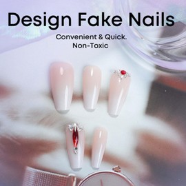 Gifiky False Nails- Nude Press on Nails Long Coffin Nails Tips Gradient Crystal Gem Design Fake Nails for Women and Girls 24Pcs
