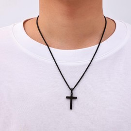 Fiusem Cross Necklace for Men, Black Mens Cross Necklaces with 2.5mm Cross Chain, 316L Stainless Steel Wheat Chain 20"