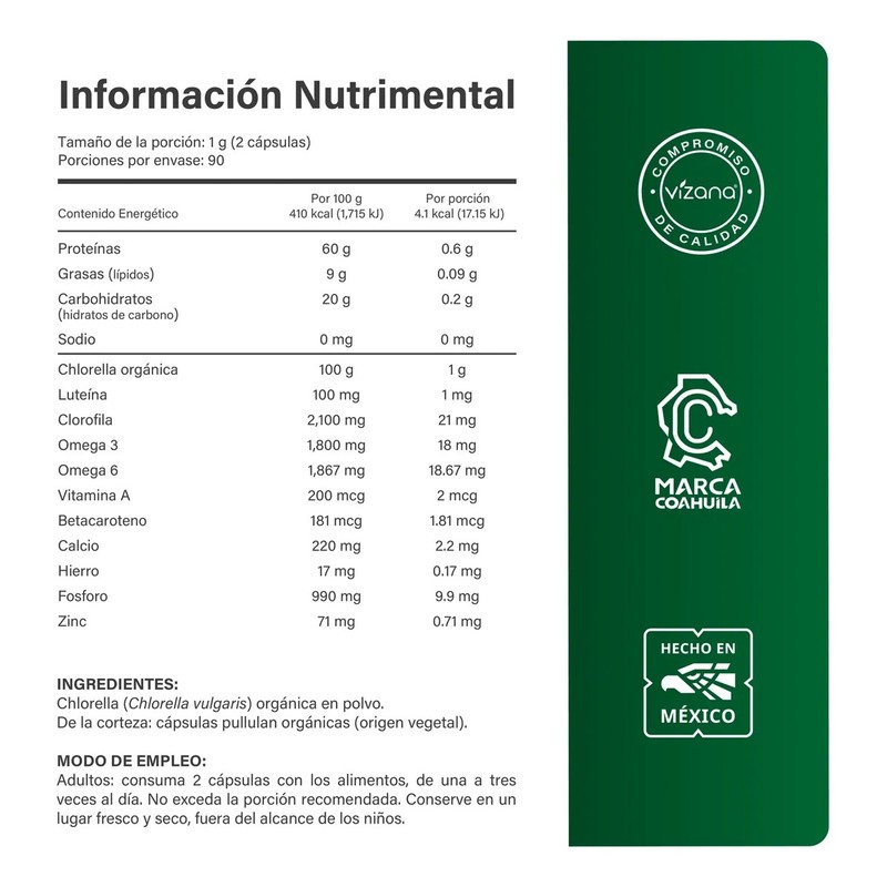 Chlorella Orgánicas (180 Caps-500 Mg) Vizana Nutrition Sin Sabor