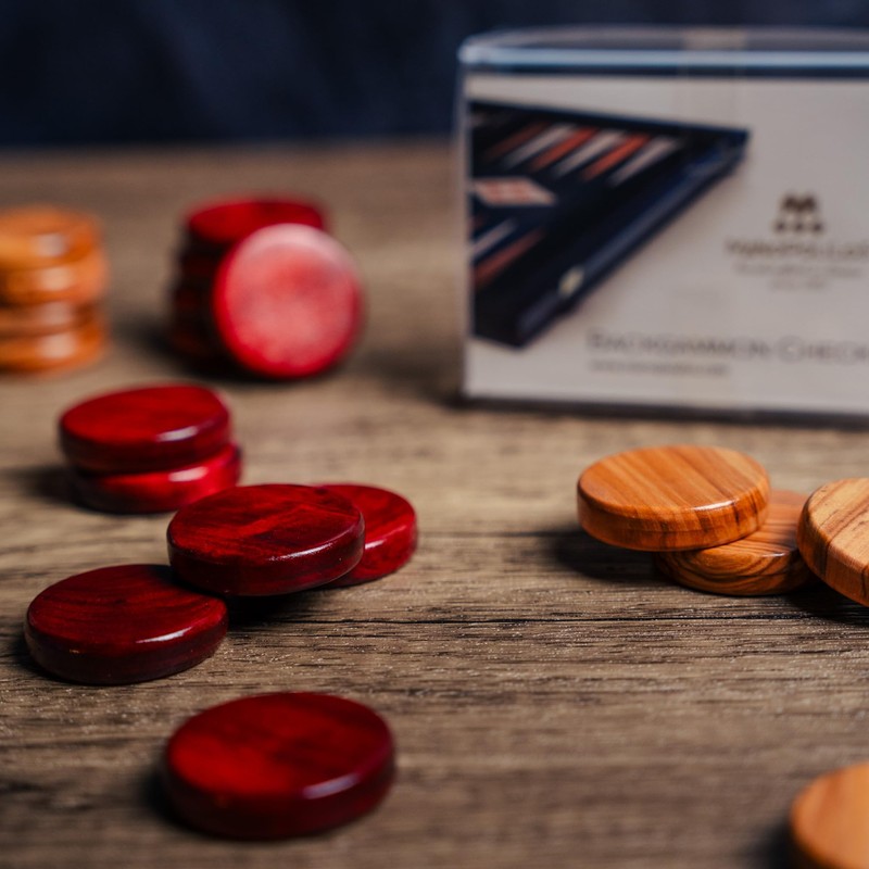 Luxury Manopoulos Olive Wood 36mm Backgammon Checkers - Red and