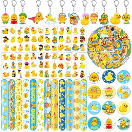 98 PCS Duck Party Favors Yellow Rubber Duck Party Decorations with Slap Bracelets, Temporary Tattoos, Stickers, Acrylic Keychains, and Badges Perfect for Duck Birthday Supplies and Gifts for Kids