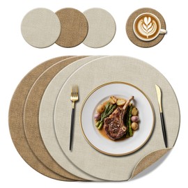 KERYCHIN 4 Round Leather Place Mats(38cm) + 4 Coasters(10cm) Set, Heat-Resistant 212°F Placemats, Non-Slip ＆ Wipeable, Dual-Sided Kitchen Accessories for Home, Outdoor Dining Table, (Beige/Cream)
