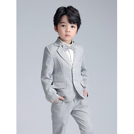 LOLANTA Boys Suit Wedding Ring Bearer Outfit Kids Suit Set, Plaid Blazer Suit Pants Bow Tie (Grey 13-14 Years)