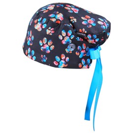 CALOMED Scrub Cap for Women and Men, Euro Style Scrub Caps, Working Hat, Head Cover with Ribbon Ties and Buttons, Long or Short Hair (Floral Paw Prints)
