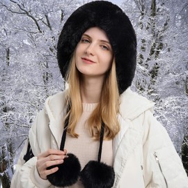 KAZZHA Womens Faux Fur Hat with Fluffy Pompom for Winter Fuzzy Knitted Beanies Skull Cap Warm Earflaps Cold Weather Cute Black