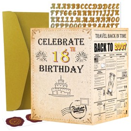 Vintage 18th Birthday Card from 2007 US Facts and Statistics, Jumbo A4 Size 18 Year Birthday Cards with Gold Stickers and Envelope, Seal Stamp Stickers, Inside Blank for Sign or Doodles, Gift Ideas