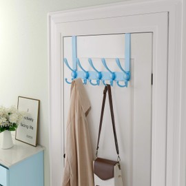 Dseap Over Door Hook 2.0 - Upgraded Version - Simple-Assembly, Strong, Heavy-Duty Stainless Steel 5-Tri-Hook Over The Door Hanger Rack, SimpleStrong Series, Blue