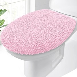OLANLY Soft Chenille Bathroom Toilet Lid Cover, Machine Washable Seat Covers, 17.5x15, Stays in Place Rubber Backing, Fits Most Round, Elongated and Oblong Lids, Accessories Decor, Pink
